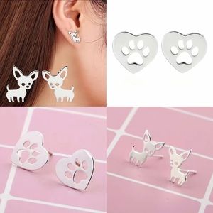 2 Pairs silver plated Chihuahua‎ dog & paw earrings faux fashion jewelry